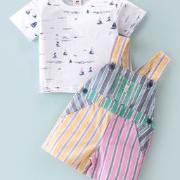 ToffyHouse Dungarees & Half Sleeves T-Shirt Set With Striped & Boat Print - Multicolour-picture-18