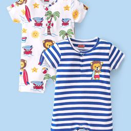 Babyhug 100% Cotton Knit Half Sleeves Rompers With Striped & Lion Print Pack Of 2 - White & Blue-image-69