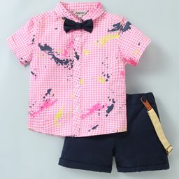 ToffyHouse 100% Cotton Half Sleeves Checkered Shirt & Shorts with Quirky Suspenders & Bow - Pink & Navy Blue-image-49