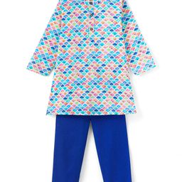Babyhug Cotton Cambric Full Sleeves Kurta Pyjama Set Rainbow Print - Blue-image-12