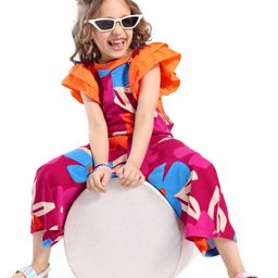 Ollington St. 100% Cotton Floral Printed Dungaree & Half Sleeves T-Shirt with Text Print - Maroon & Orange-image-103
