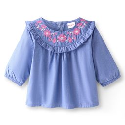 Babyhug Rayon Knit Three Fourth Sleeve Top with Floral Embroidery- Blue-image-81