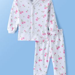 Doodle Poodle Cotton Knit Full Sleeves Front Open Floral Printed Thermal Vest & Leggings - Bright White-image-94
