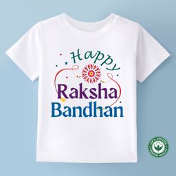 BLUSHES Rakhi Theme 100% Cotton Half Sleeves Happy Raksha Bandhan Text Printed Tee - White-image-45