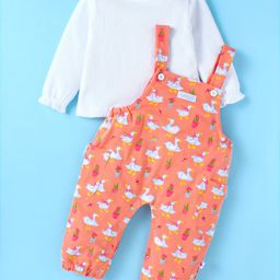 WOW Interlock Knit Full Sleeves Solid Color T-Shirt with Swan Printed Dungaree - Dark Peach-image-89