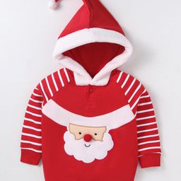 Babyhug Cotton Knit Full Raglan Sleeves Hooded Sweatshirt with Santa Design & 3D Applique - Red & White-image-84