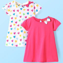Babyhug Single Jersey Knit Half Sleeves Dresses With Heart Print & Bow Applique Pack of 2 - White & Dark Pink-image-51