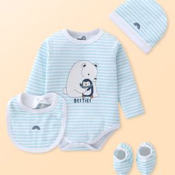 Doodle Poodle Cotton Interlock Knit Full Sleeves Onesie With Bib Cap & Booties Animals Printed -Blue-13