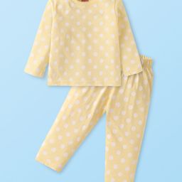 Babyhug Cotton Knit Full Sleeves Night Suit With Polka Dot Print - Yellow-image-42