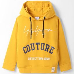 Olio Kids Lycra Knit Full Sleeves Hooded Sweatshirt with Text Print - Mustard Yellow-image-1