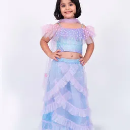 Elaisha Cold Shoulder Ruffle Detailed & Abstract Printed Lehenga Choli WIth Dupatta Set - Mauve & Light Blue-picture-40