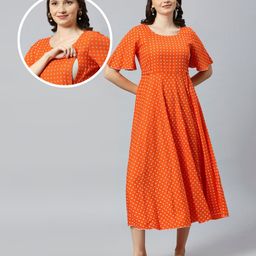 Dummy Shape Half Bell Sleeves Ethnic Motif Printed Flared Maternity Kurta With Concealed Zipper Nursing Access - Orange-image-33
