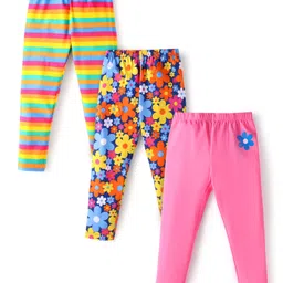 Babyhug Interlock Knit Full LengthStriped & FloralPrinted Diaper Leggings Pack of 3 - Pink Navy & Yellow-picture-0