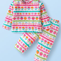 Babyhug Cotton Knit Full Sleeves Night Suit With Floral & Fruit Print - White-image-99
