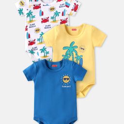 Babyhug 100% Cotton Knit Half Sleeves Crab Printed Onesies Pack of 3 - Blue Yellow & White-image-95