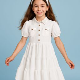 Pine Kids Cotton Woven Half Puffed Sleeves Solid Color Collared Frock - White-picture-24
