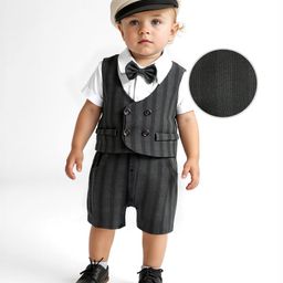 Mark & Mia Woven Half Sleeves Striped Party Romper With Attached Waistcoat & Bow - Black & White-image-55