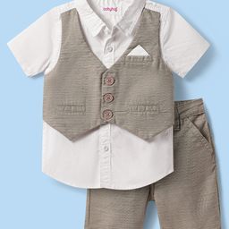 Babyhug Cotton Woven Half Sleeves Solid Color Shirt & Shorts Set with Attached Waistcoat - White & Grey-image-77