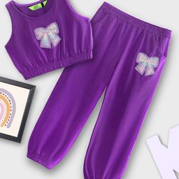Tiara Pure Cotton Sleeveless Bow Patch Detailed Beads & Pearls Embellished Coordinating Crop Top & Joggers Set - Purple-image-90
