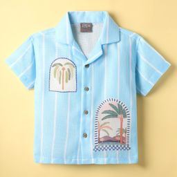 Little Kangaroos Cotton Woven Half Sleeves Striped Shirt with Beach Theme Print - Sky Blue-image-48