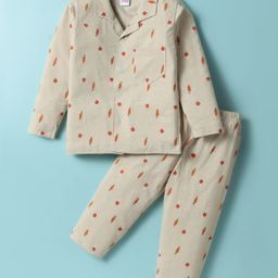 Ben Benny 100% Cotton Knit Full Sleeves Co-Ord Night Suit With Carrot Print - Light Brown-image-30