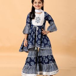MASTARANG Cotton Woven Half Bell Sleeves Floral Printed & Embroidered Gota Lace Embellished Kurta Sharara With Dupatta Set - Indigo-image-72