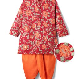 EARTHY TOUCH Cotton Woven Full Sleeves Kurta Dhoti Set With Floral Print - Red-image-74