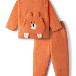 Babyhug Fur Knit Full Sleeves Top & Pant Winter Wear Suit Set with Kangaroo Pocket & Teddy Print Applique - Orange-image-91