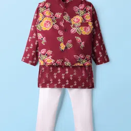 Teentaare Cotton Woven Full Sleeves Kurta Pajama Set with Jacket & Floral Print - Maroon-picture-36