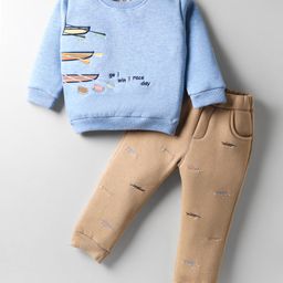ToffyHouse Fleece Knit Full Sleeves Winter Wear Sweatshirt & Lounge Pant Set With Rowboat Embroidery - Royal Blue-picture-37