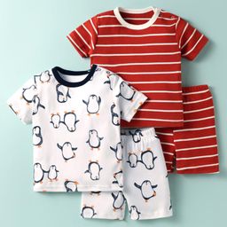 Kidi Wav Pack Of 2 Half Sleeves Striped & Penguins Printed Tees & Coordinating Shorts Set - Multi Colour-image-39
