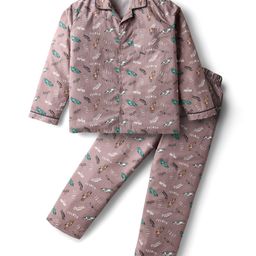 Doreme Cotton Knit Full Sleeves Co-Ord Night Suit with Vehicle Print - Brown-image-87