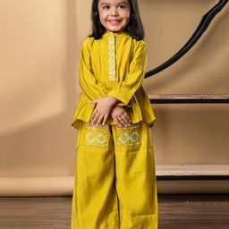 READIPRINT Silk Woven Full Sleeves Ethnic Embroidered Kurti With Coordinating Palazzo Set - Golden-image-61