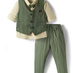 Mini Taurus Sinker Knit Full Sleeves Striped 3 Piece Party Suit With Bow Applique - Olive Green & Light Green-picture-3