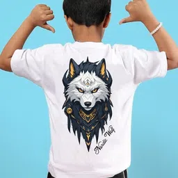 WEARDUDS Cotton Knit Half Sleeves Nordic Wolf Back Printed Oversized Tee - White-picture-14