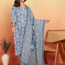 Vbuyz Abstract Printed V-Neck Pure Cotton Straight Kurta With Trousers & Dupatta-16