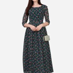 Fashion2wear Green Floral 3/4th sleeves Maxi Dress-image-19