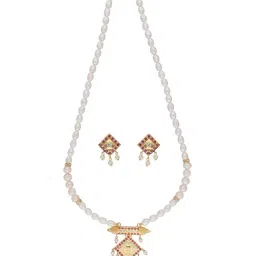 Sri Jagdamba Pearls Yochana Pearl White & Pink Alloy Necklace & Earring Set-image-80