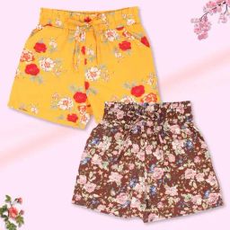 Cutecumber Kids Brown & Yellow Floral Print Shorts (Pack Of 2)-image-1