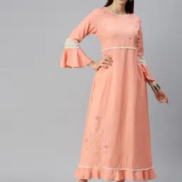 SHOWOFF Peach Cotton Embroidered Calf Length A Line Kurta-picture-42
