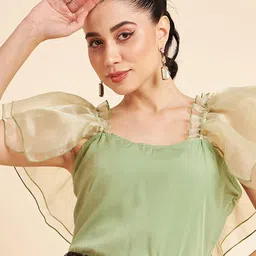 Fabway Clothing Accordion Pleated Sleeves Ruffles Crepe Crop Top-image-9