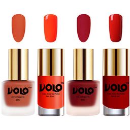 VOLO Set Of 4 Velvet Matte Nail Polish-8 ml & 9.9 ml Each-Coral-Reddish-Passion Red-Orange-9