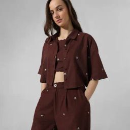 Only Brown Embroidered Crop Shirt-image-98