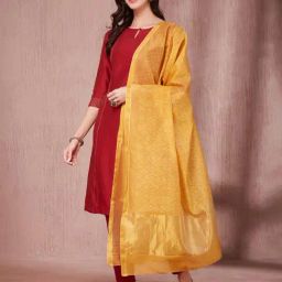 Fabindia Mustard Cotton Silk Blend Print Duppatta-picture-2