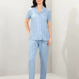 Amante Blue Relaxed Fit Striped Shirt And Pyjamas-image-68