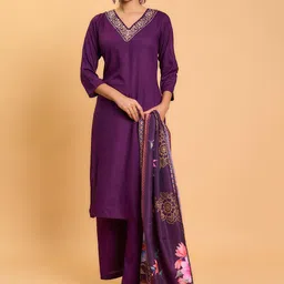 HERE&NOW Floral Embroidered V-Neck Straight Kurta with Trousers & Dupatta-picture-38