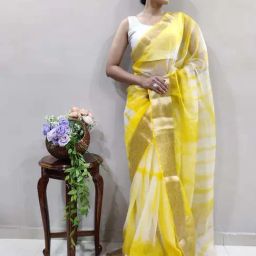 Satrani Yellow & White Printed Saree With Unstitched Blouse-image-62