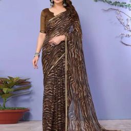 Satrani Brown Printed Saree With Unstitched Blouse-picture-23