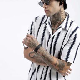 SHOWOFF White Cotton Relaxed Fit Stripes Shirt-image-40