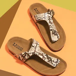 HERE&NOW Women Tan Printed T-Strap Flats-image-75
